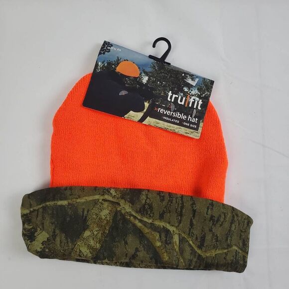 Trufit Reversible Beanie Hat Blaze Orange/Camo Knit Insulated OSFM NWT - Picture 1 of 3